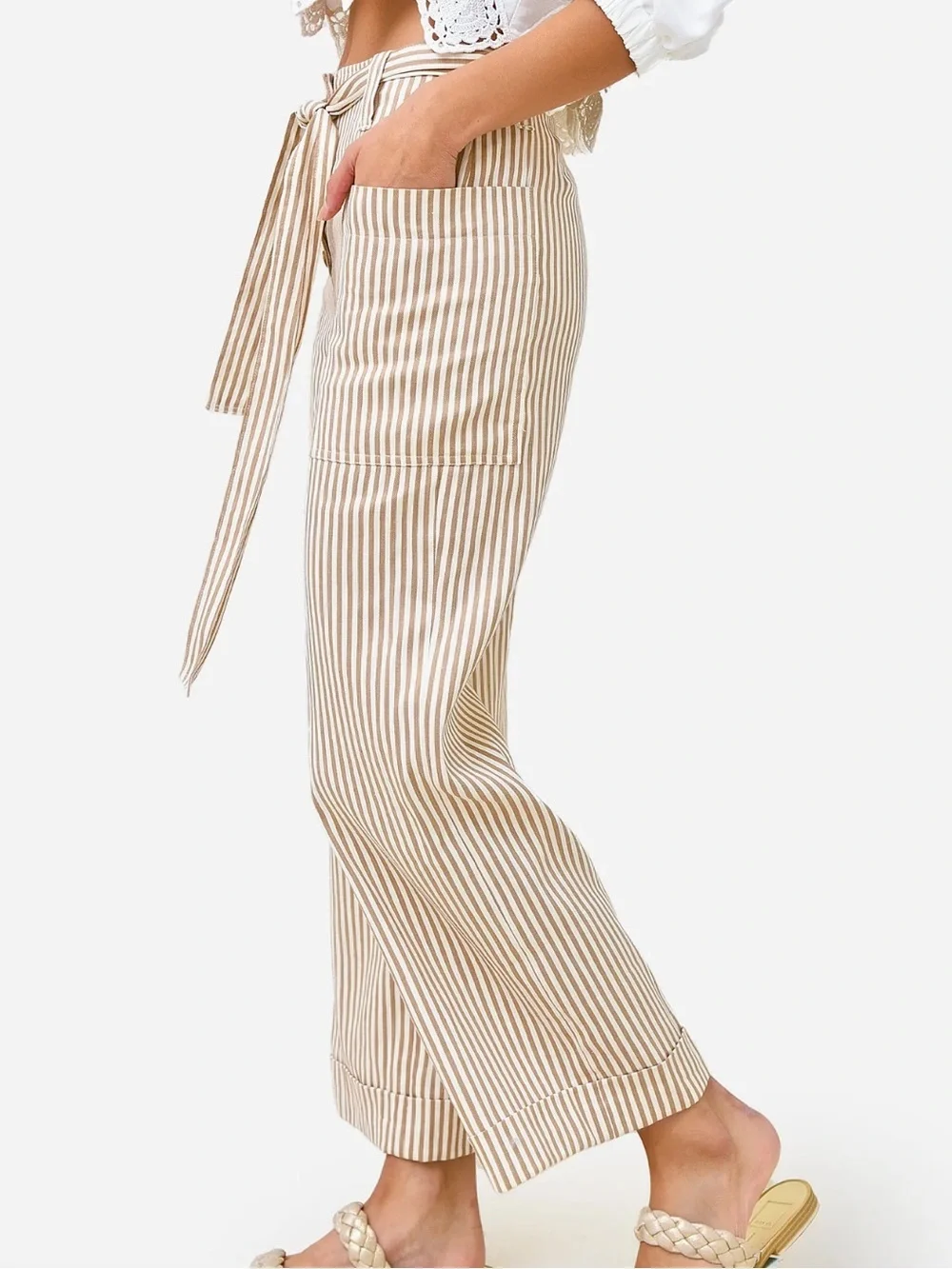 Tory Burch Gabriela Striped Gathered Tie Waist Linen Blend Pants 8